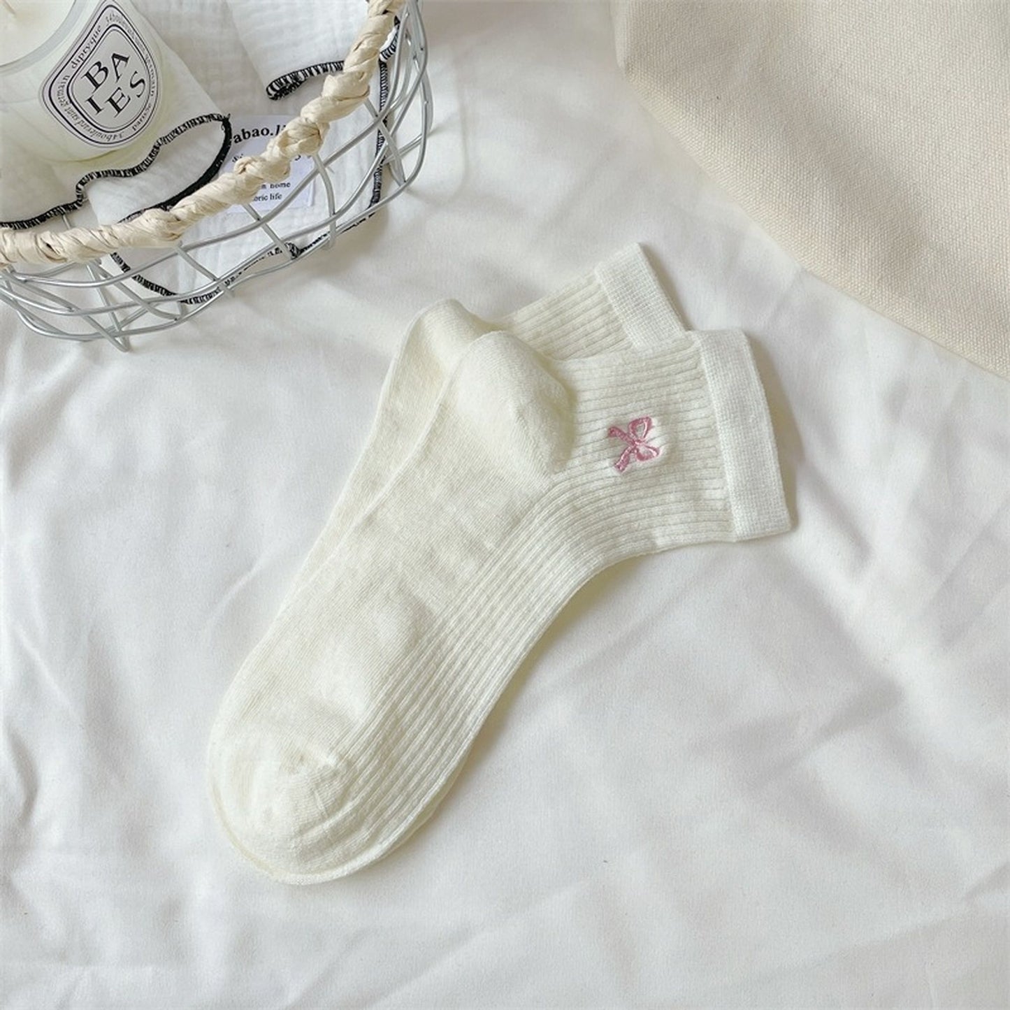Anna-Kaci Women's Summer Ribbed Ankle Socks with Bow Embroidery