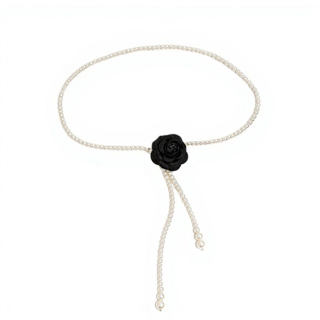 Anna-Kaci Women's Faux Pearl Beaded Belt with Fabric Rose Accent and Drop Strand Detail 49in