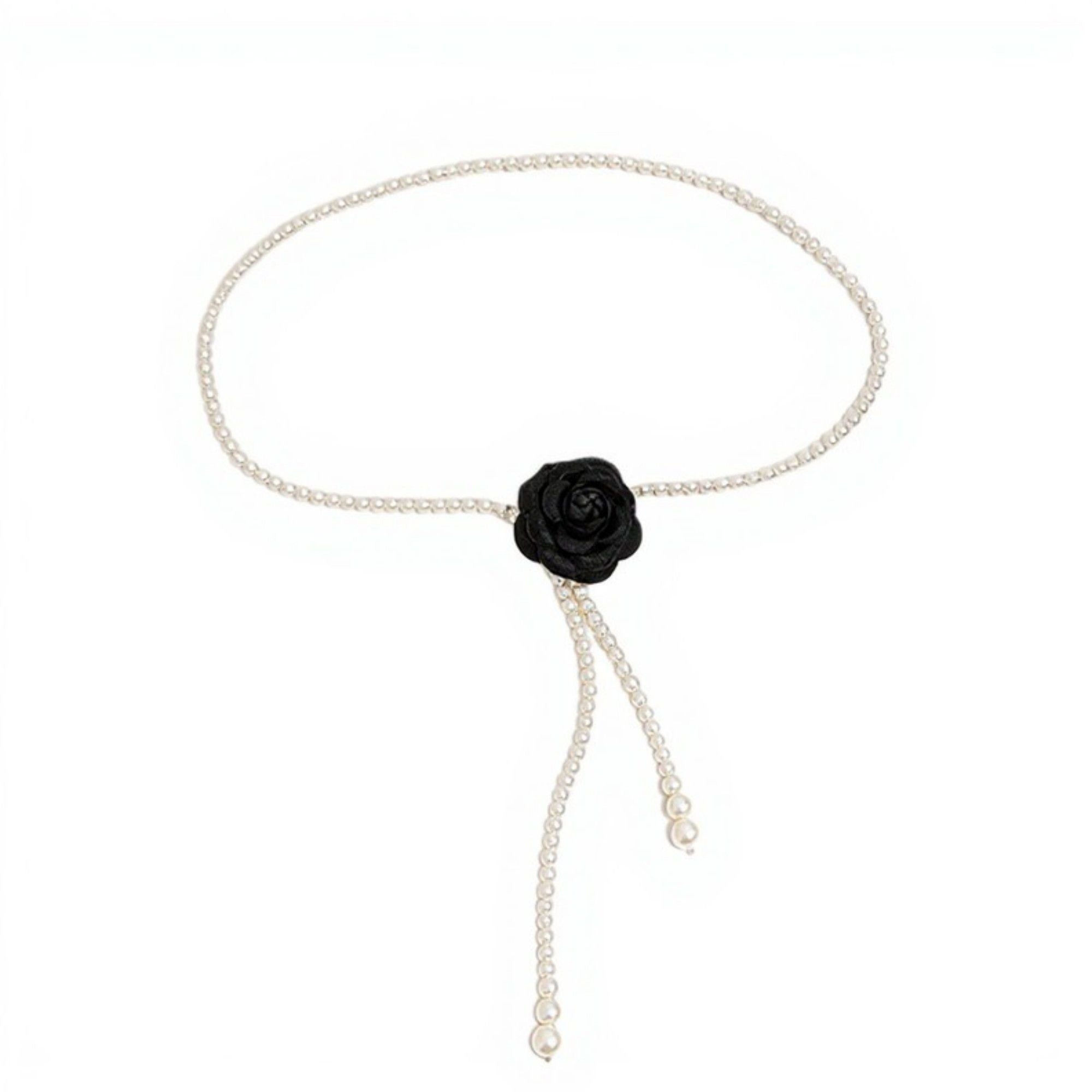Anna-Kaci Women's Faux Pearl Beaded Belt with Fabric Rose Accent and Drop Strand Detail 49in