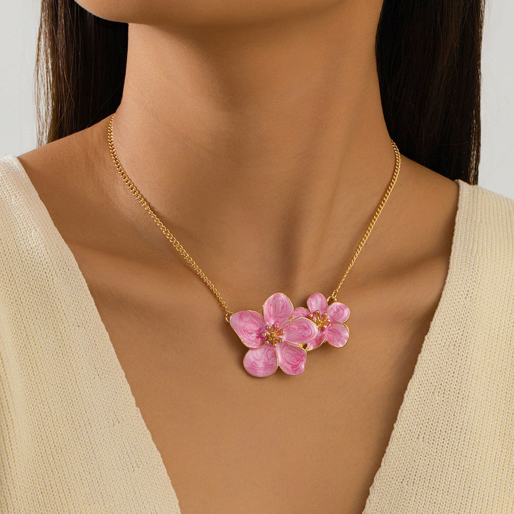 Women's Enamel Flower Pendant Necklace with Gold Chain