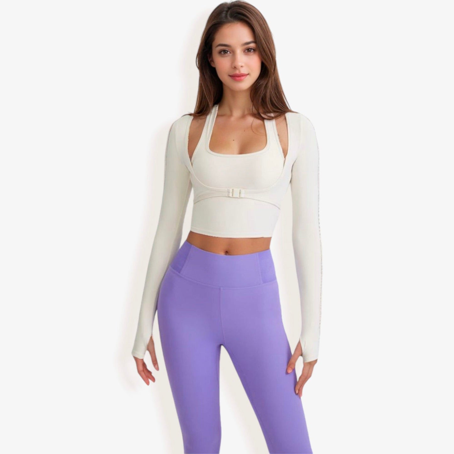 Long Sleeve Cropped Sports Top with Buckle Detail