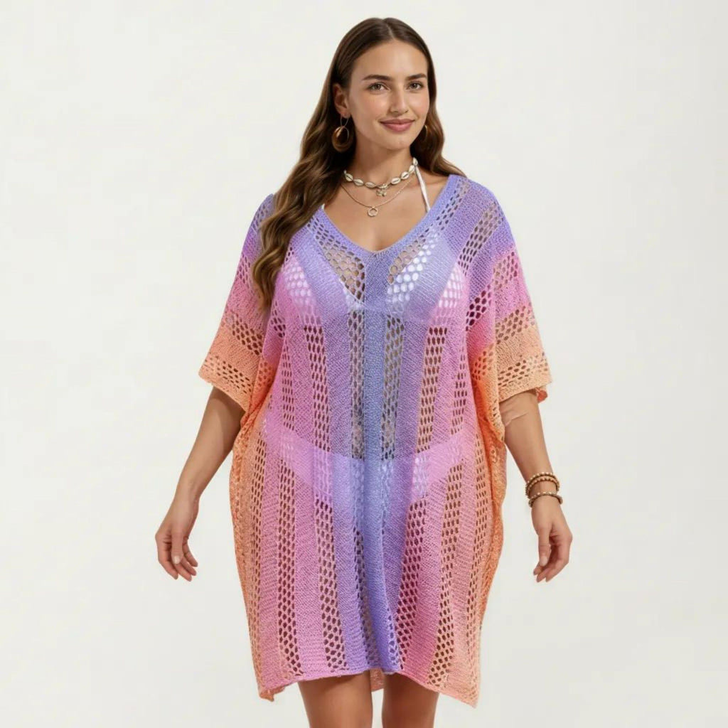 Anna-Kaci Women's Ombre Crochet Swim Cover Up Dress with Open Knit Mesh Design V Neck Short Sleeves Relaxed Fit