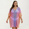 Anna-Kaci Women's Ombre Crochet Swim Cover Up Dress with Open Knit Mesh Design V Neck Short Sleeves Relaxed Fit
