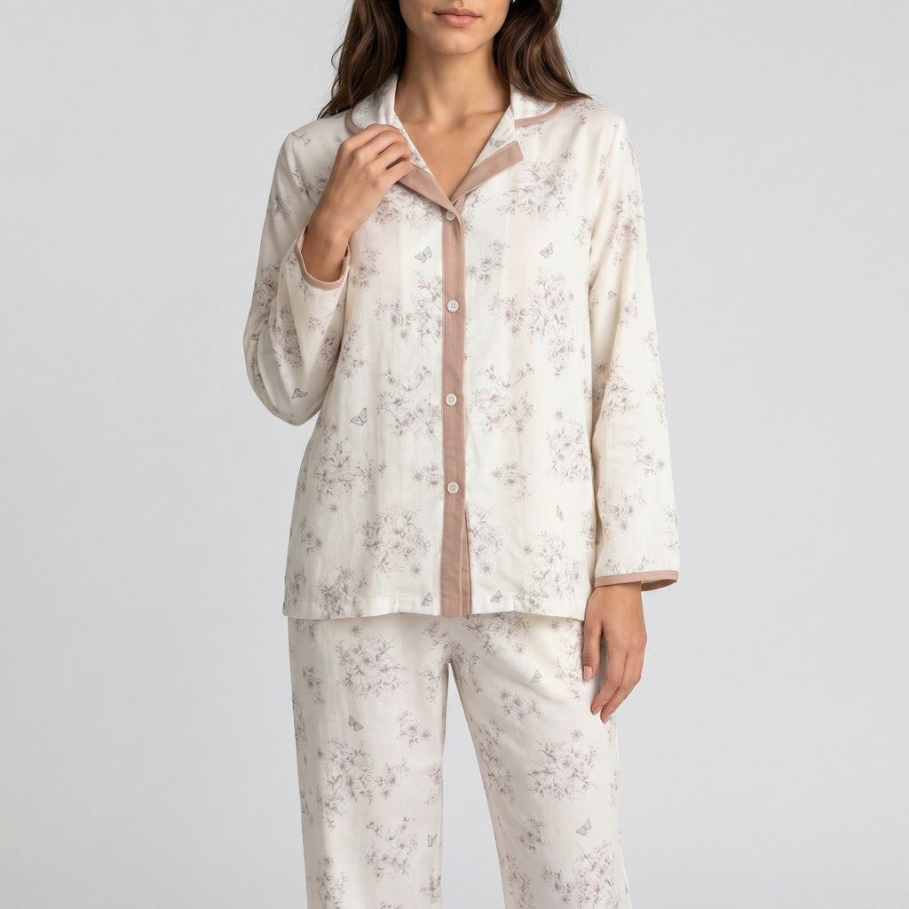 Anna-Kaci Lounge Womens 2-Piece Pajama Set Long Sleeve Button Front Shirt and Matching Pants with Floral Butterfly Print