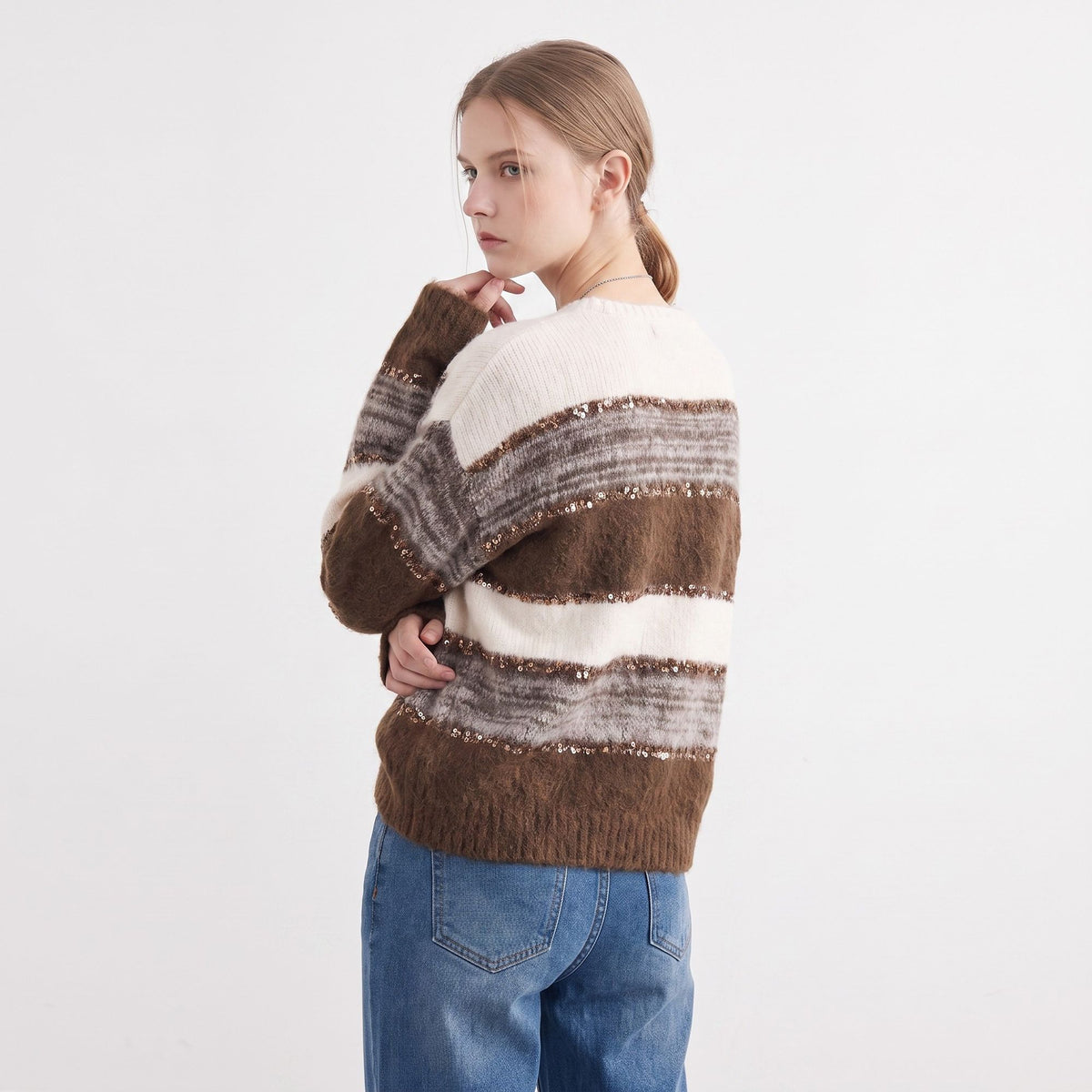 Sequin Striped Fuzzy Knit Crewneck Pullover Sweater