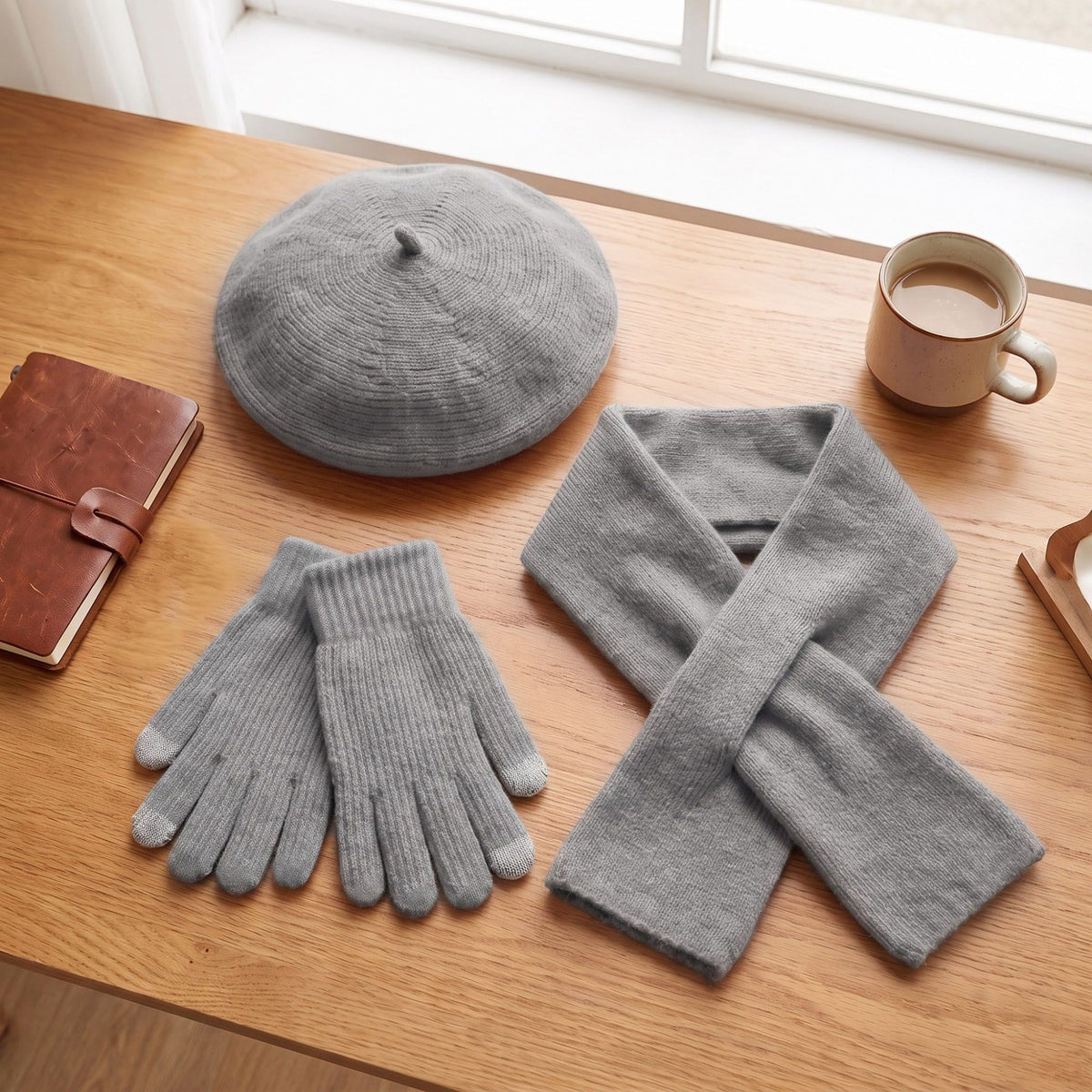 3 Piece Beret Scarf and Touchscreen Gloves Winter Set