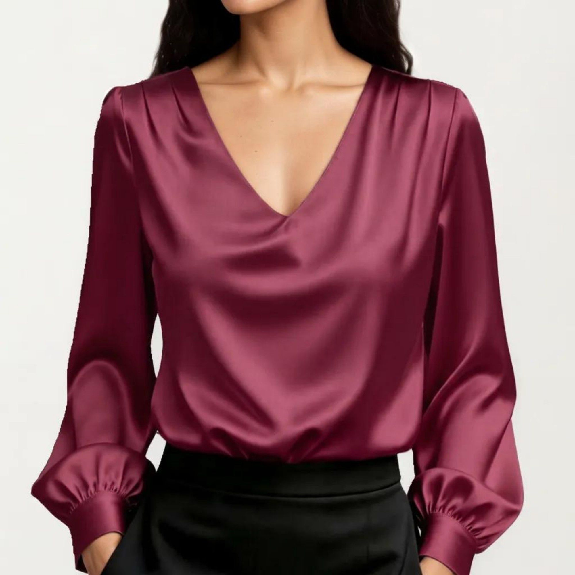 Anna-Kaci Women's Satin V-Neck Blouse with Long Balloon Sleeves and Wide Cuffs
