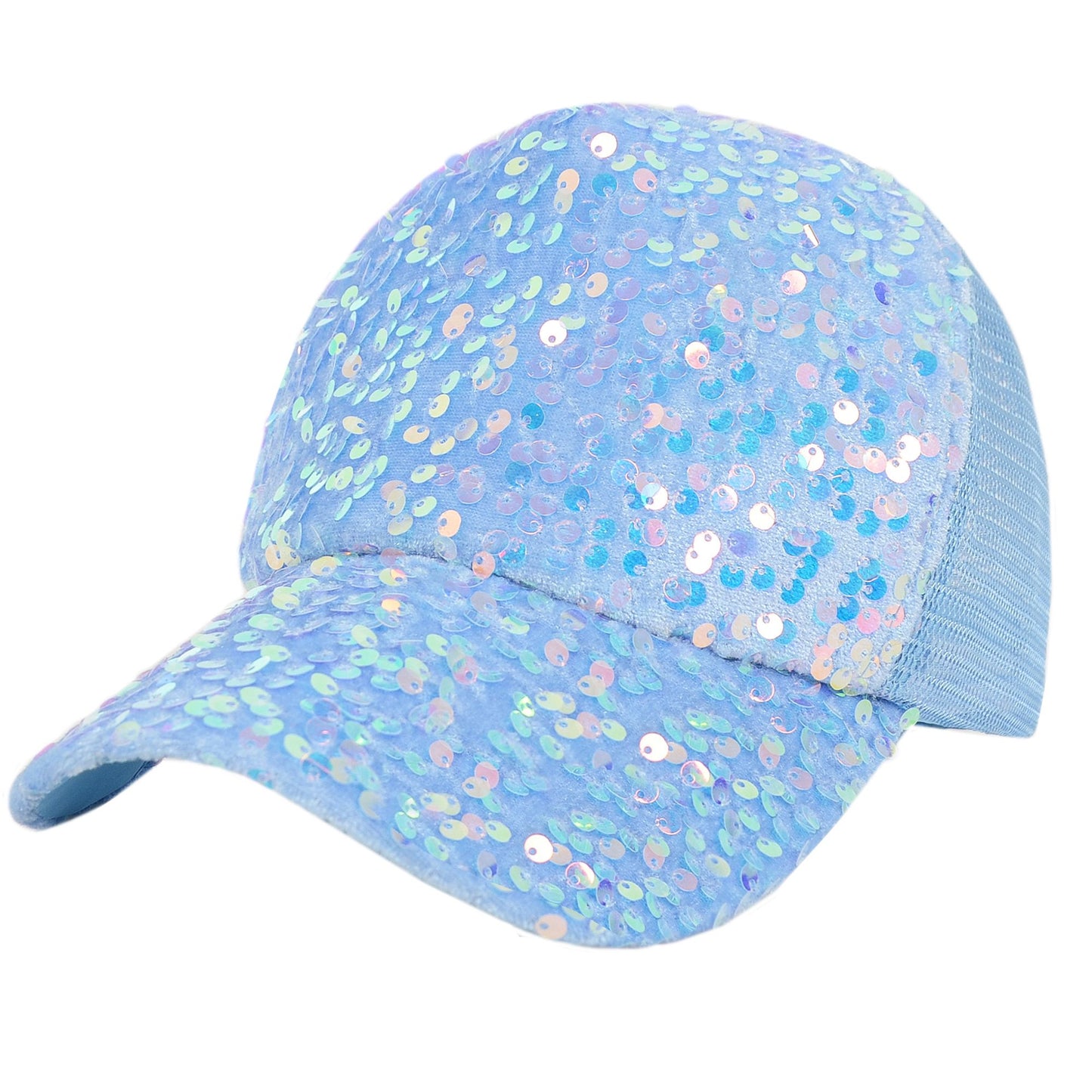 Anna-Kaci Women's Sparkly Sequin Baseball Cap Messy Low Bun Ponycap Velvet Mesh Trucker Hat