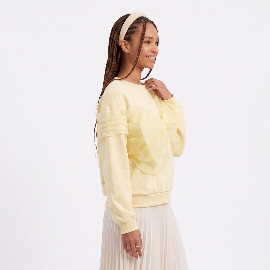 Crewneck Sweatshirt Oversized Sheer Bow Detail Long Sleeve Relaxed Fit