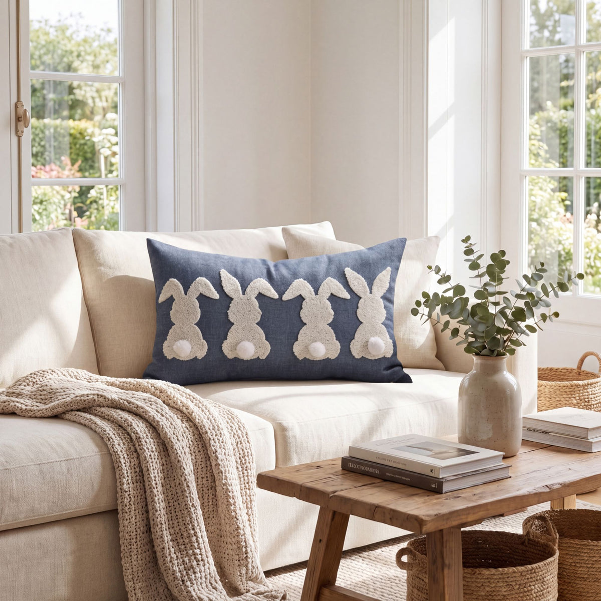 Easter Bunny Lumbar Throw Pillow Cover Textured Rabbit Pom Pom Tail