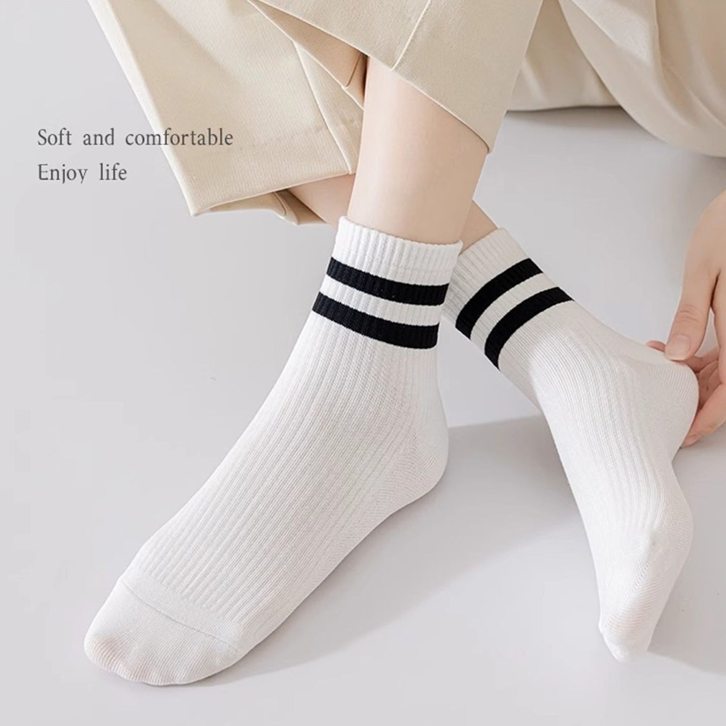 Anna-Kaci Womens Athletic Crew Socks 4-Pack Ribbed Knit Design Contrast Double Stripe Stretch Comfort Everyday Fit