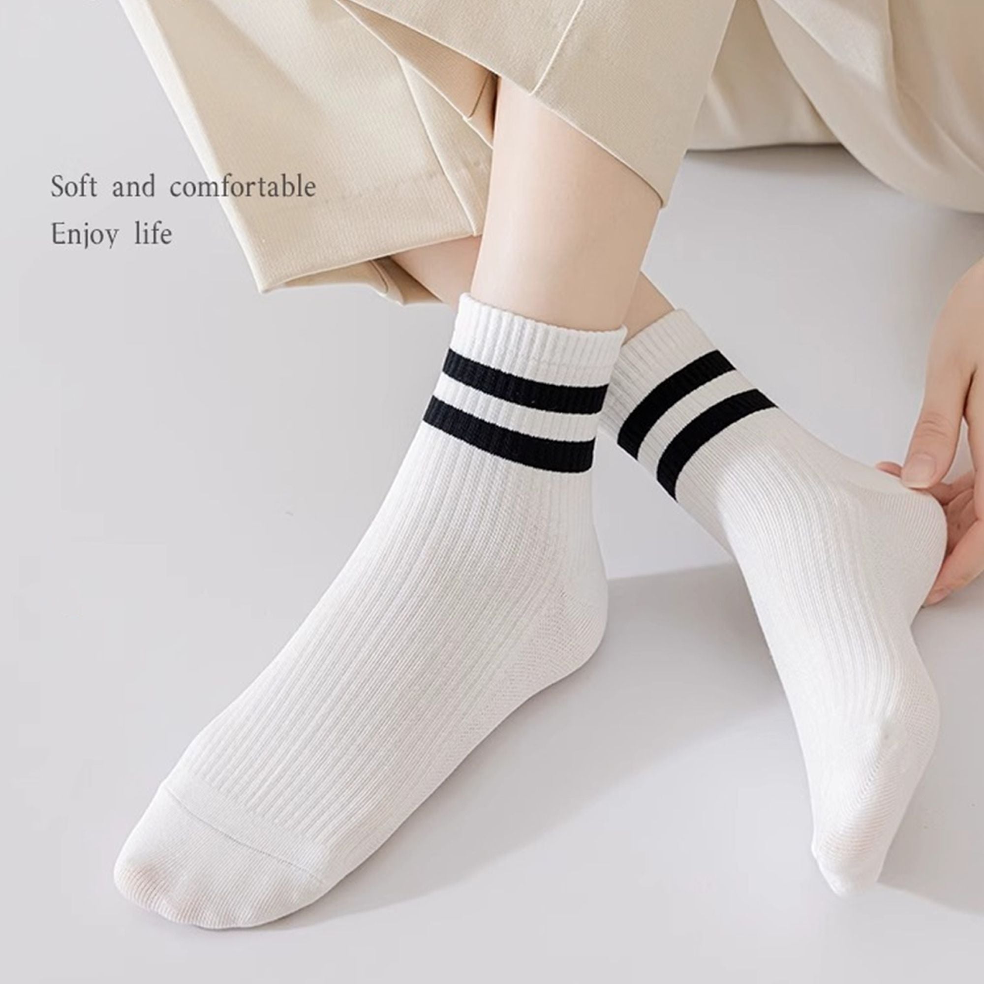 Anna-Kaci Womens Athletic Crew Socks 4-Pack Ribbed Knit Design Contrast Double Stripe Stretch Comfort Everyday Fit