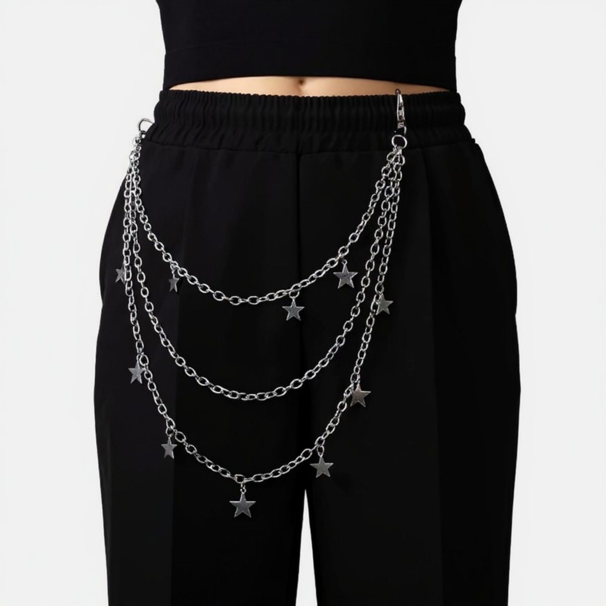 Anna-Kaci Women's Star Charm Multi-Layer Chain Belt with Metal Loops and Punk-Inspired Drape Design 25in