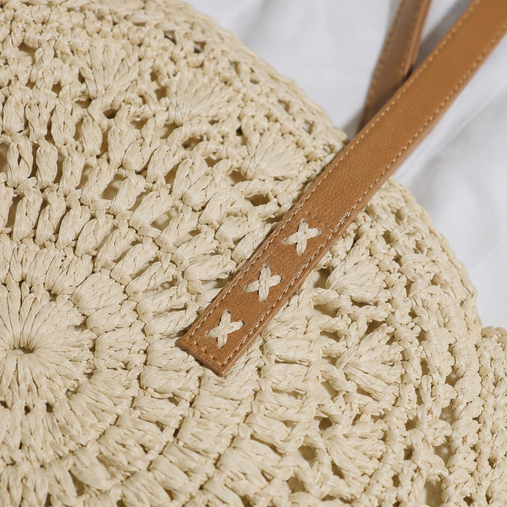 Round Woven Straw Tote Bag with Zip Closure Shoulder Handles and Slip Pocket