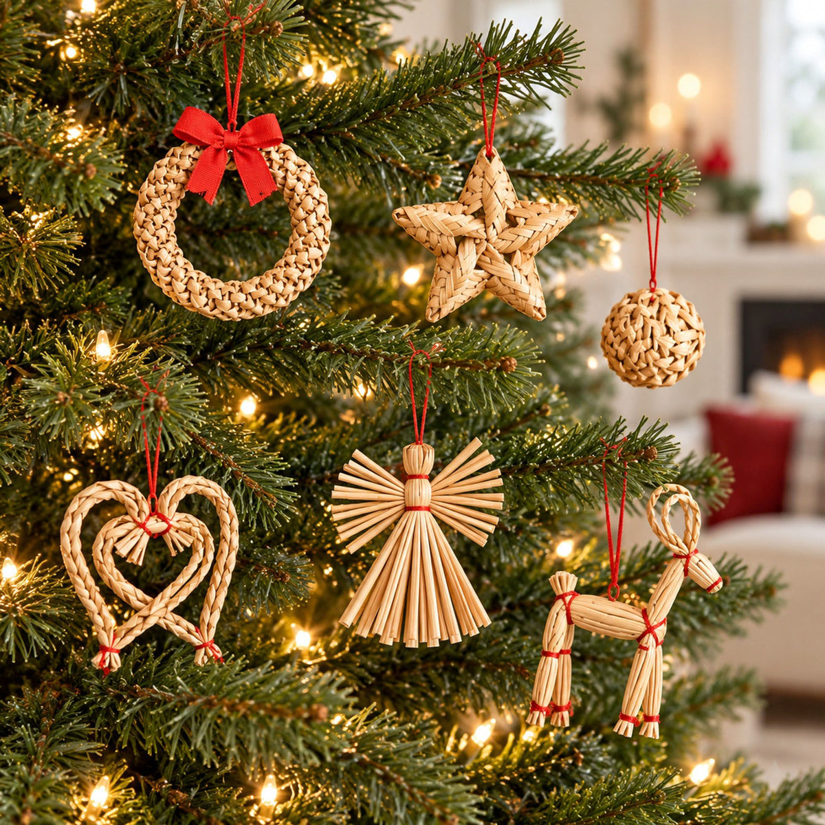 56ct Straw Christmas Tree Ornaments Assorted Holiday Decorations Gift