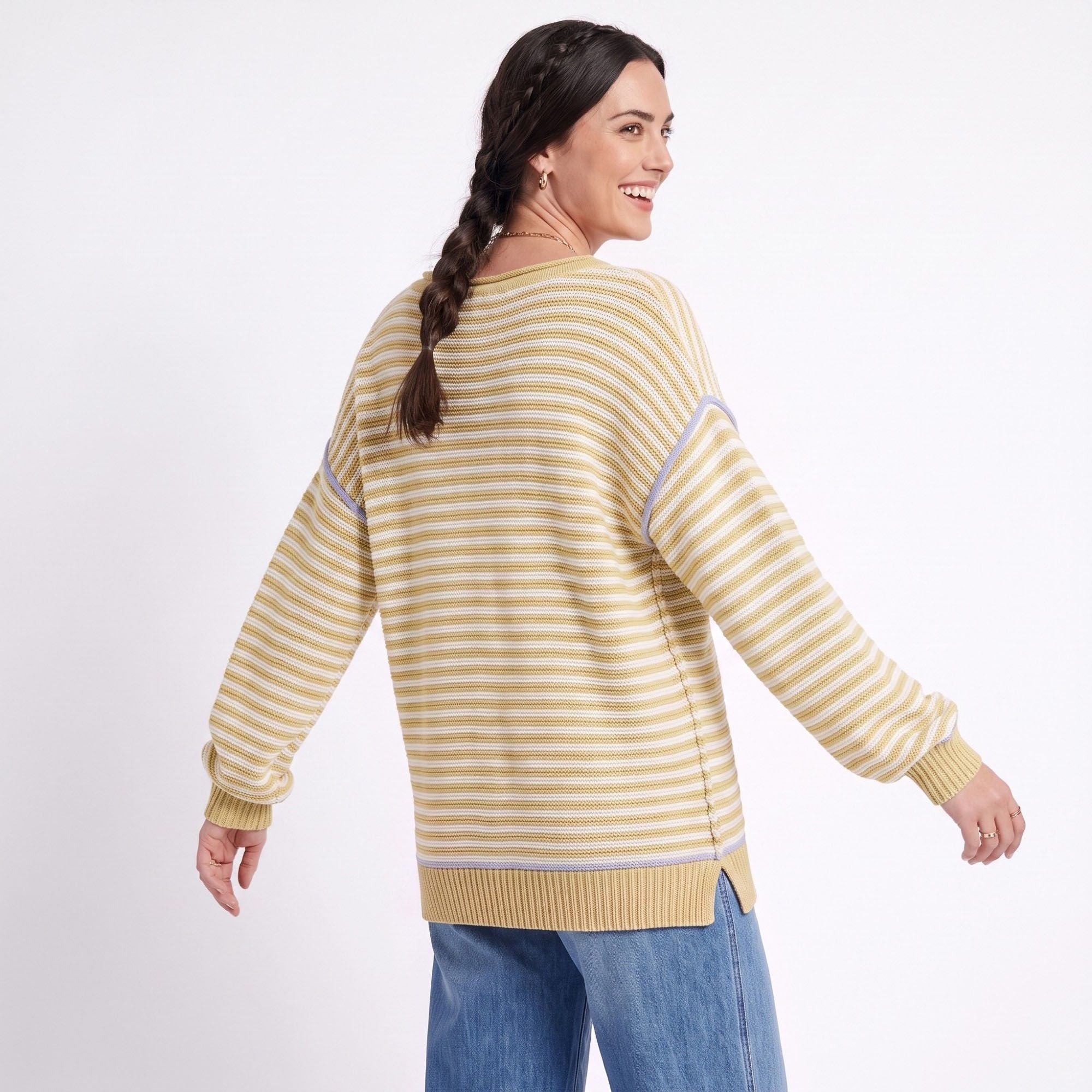 Striped Contrast Trim Drop Shoulder Long Sleeve Knit Sweater
