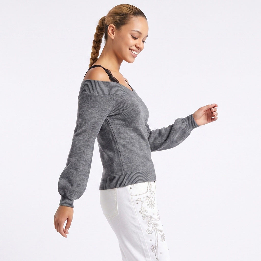 Off Shoulder Knit Sweater Long Sleeve Ribbed Pullover