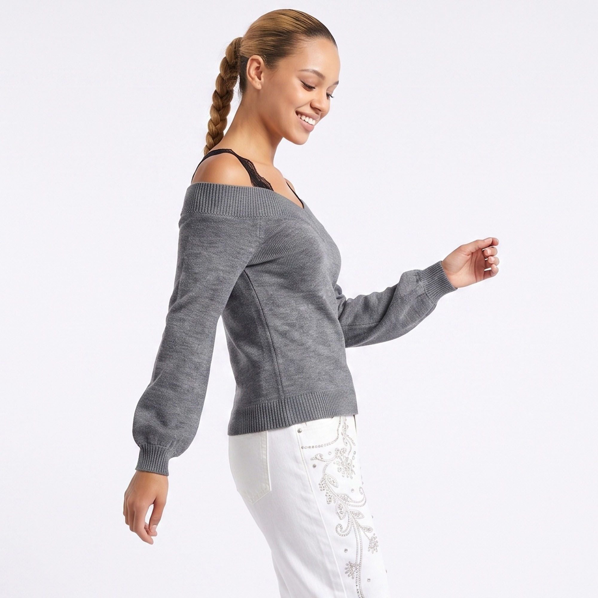 Off Shoulder Knit Sweater Long Sleeve Ribbed Pullover