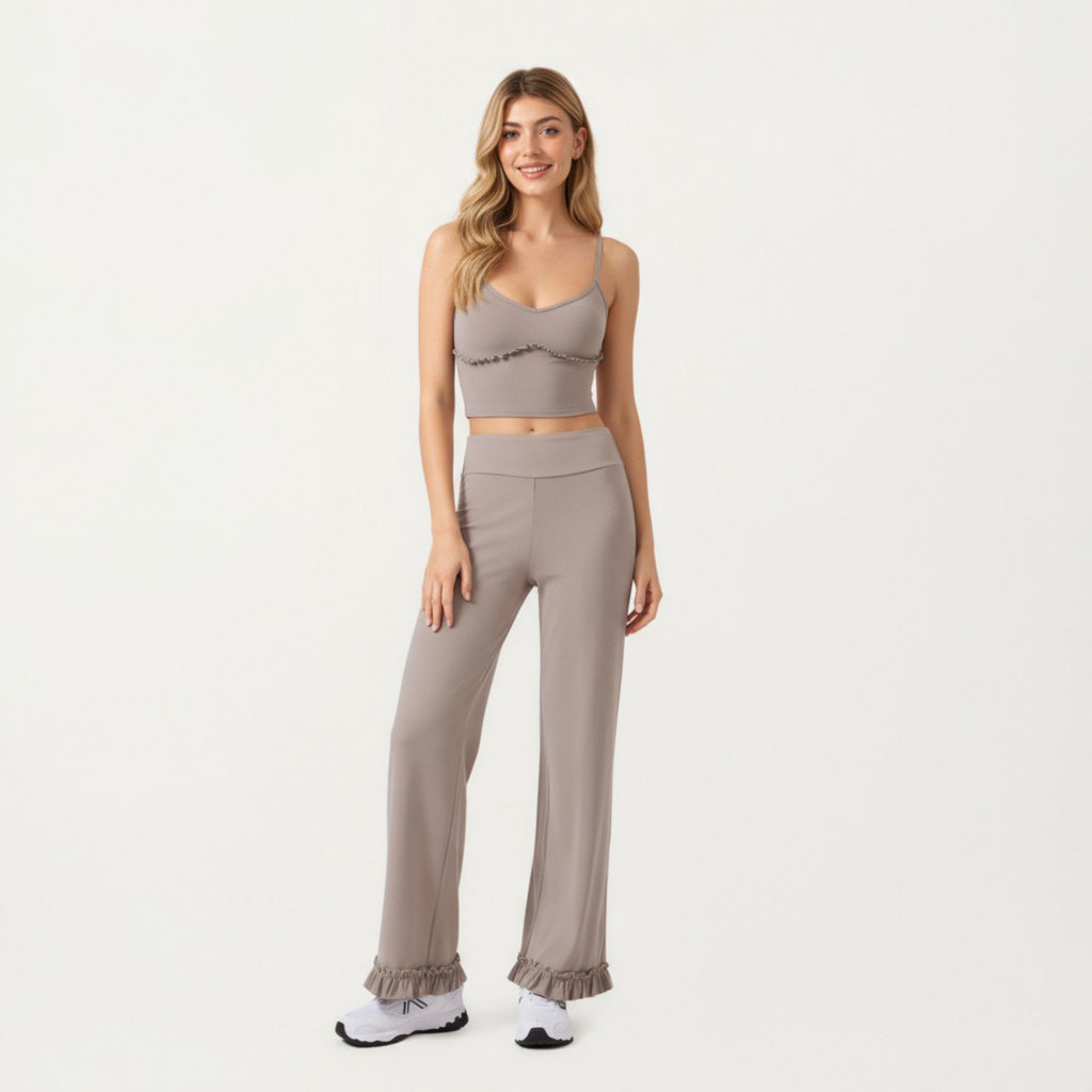 Anna-Kaci Active Women's High Waist Wide Leg Sweatpants with Ruffle Hem Detail