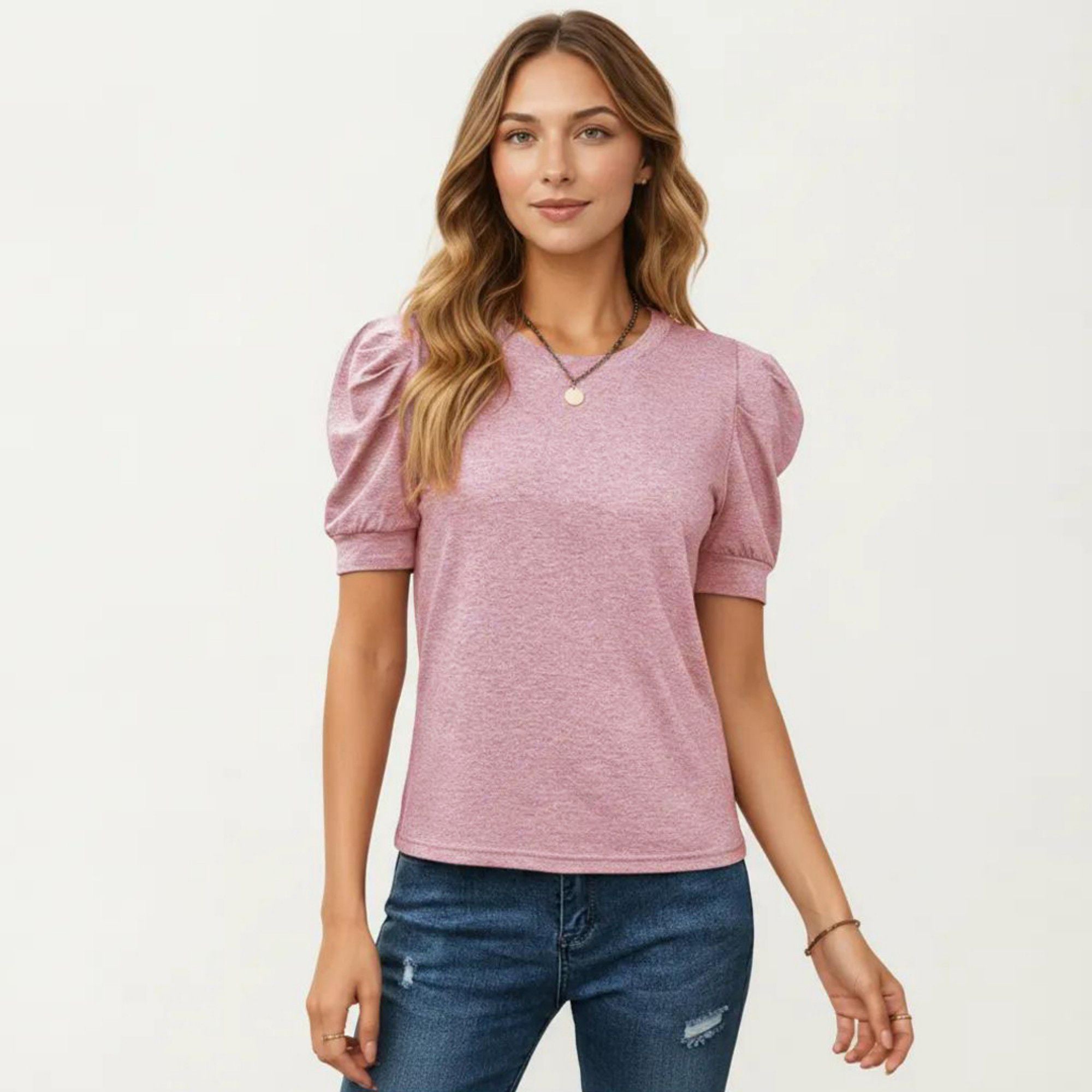 Anna-Kaci Women's Short Sleeve Puff Sleeve Knit Top with Crew Neck and Soft Textured Fabric