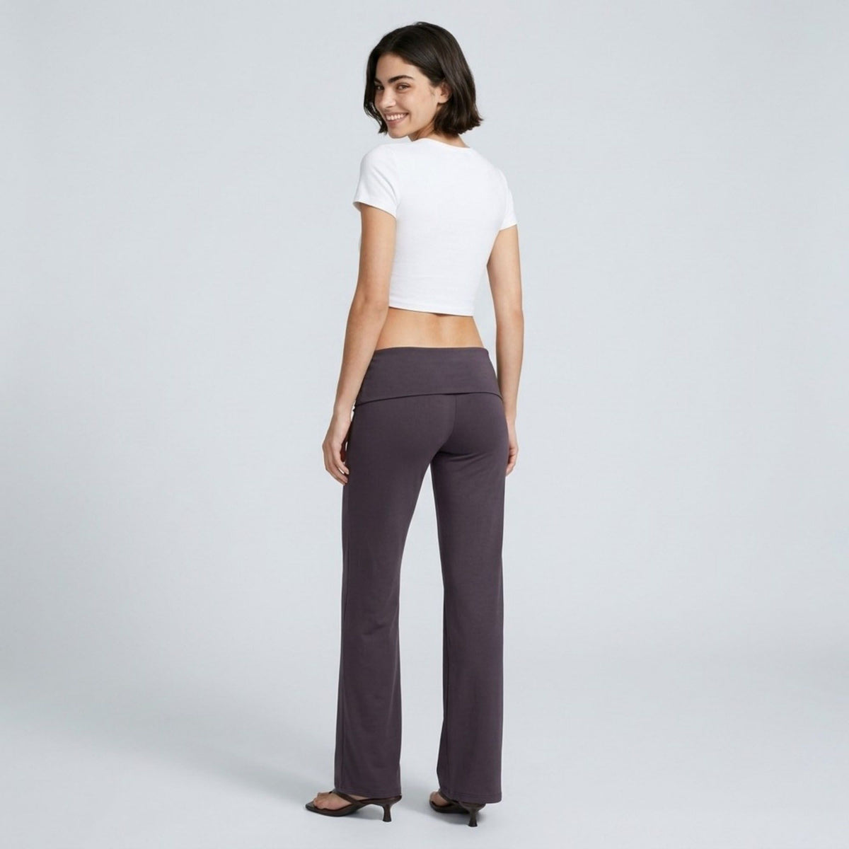 Foldover Waistband Full-Length Wide-Leg Trousers