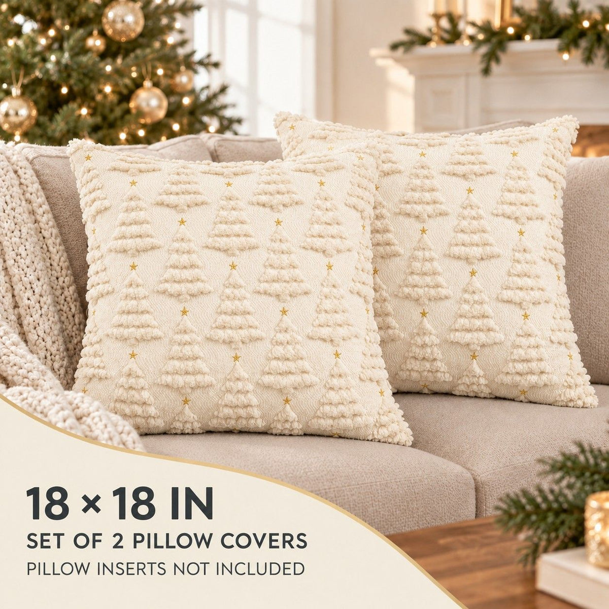 2 Pack Plush Textured Christmas Tree Throw Pillow Covers 18 x 18 Inch Holiday Decor