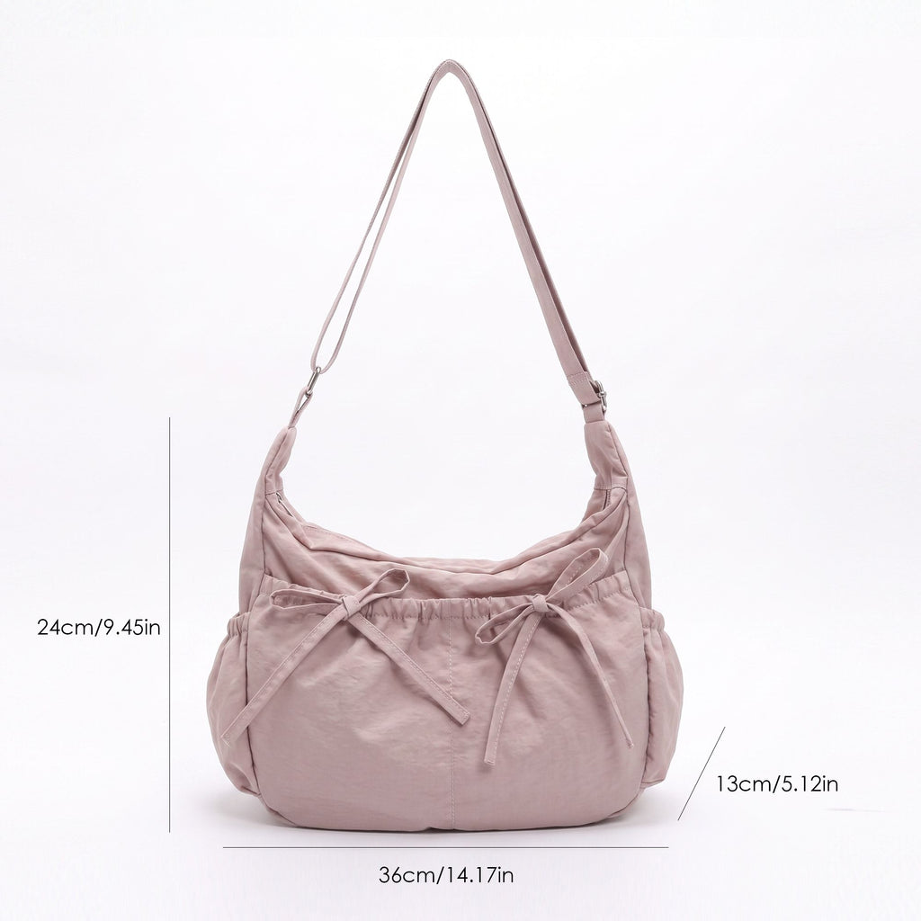 Lightweight Bow Detail Hobo Shoulder Bag with Adjustable Strap and Multiple Pockets