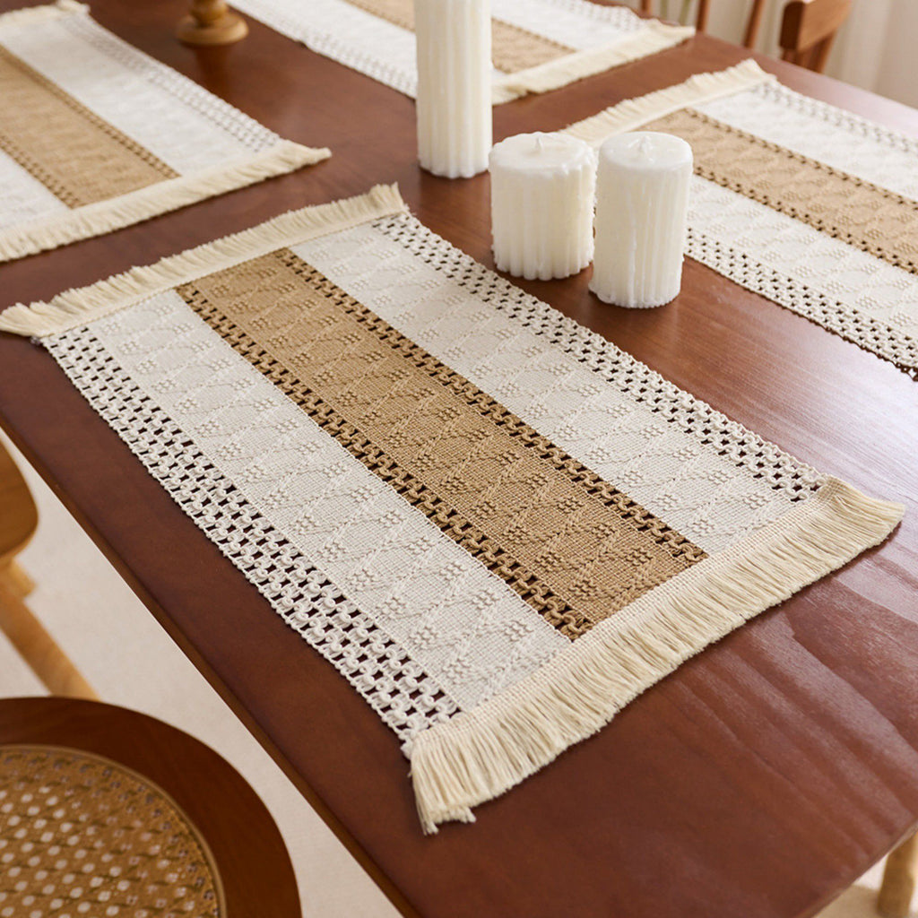 4 Set Woven Rectangular Placemats with Textured Stripes and Fringe Edges 11.8x19.5 in