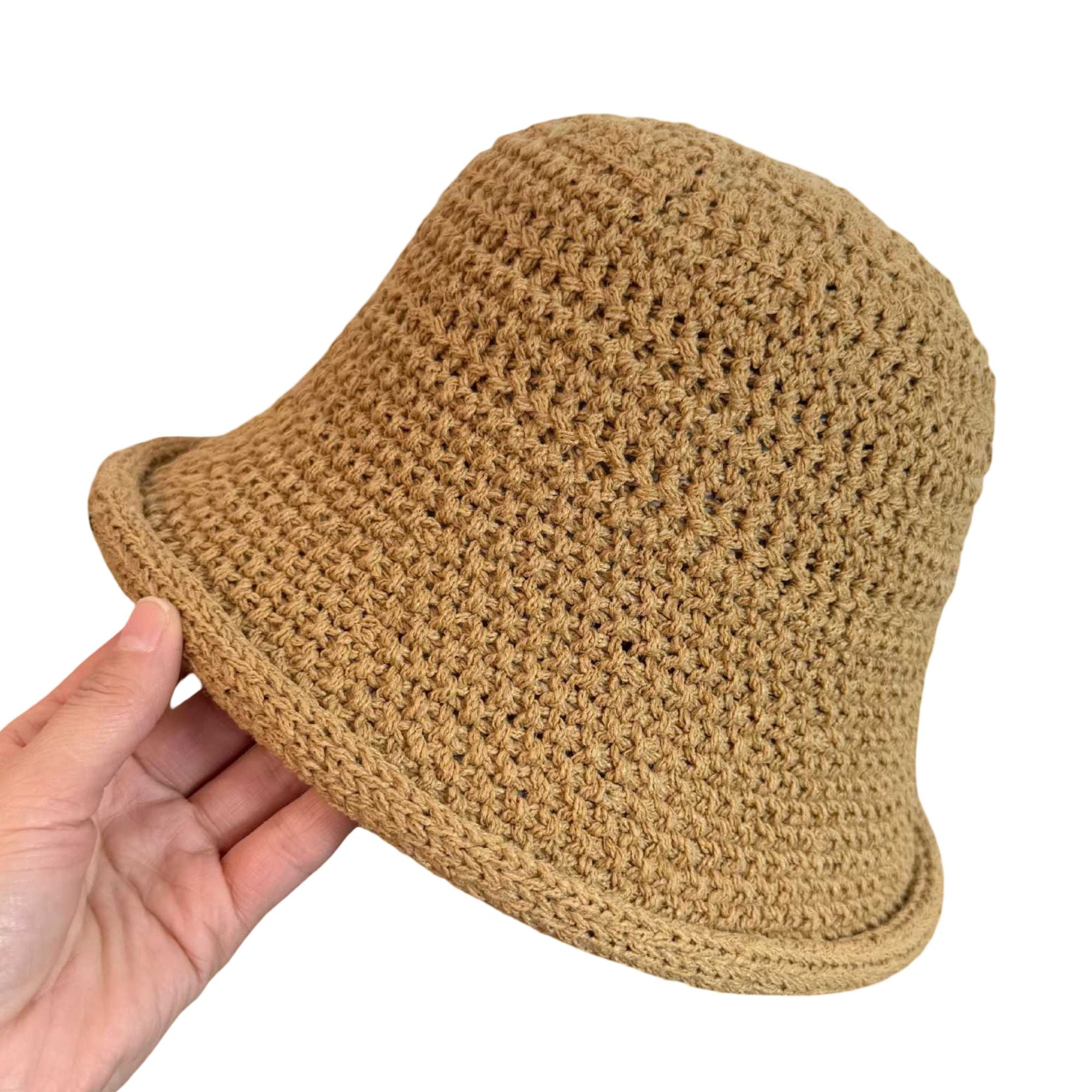 Crochet Bucket Hat with Rolled Brim and Openwork Texture