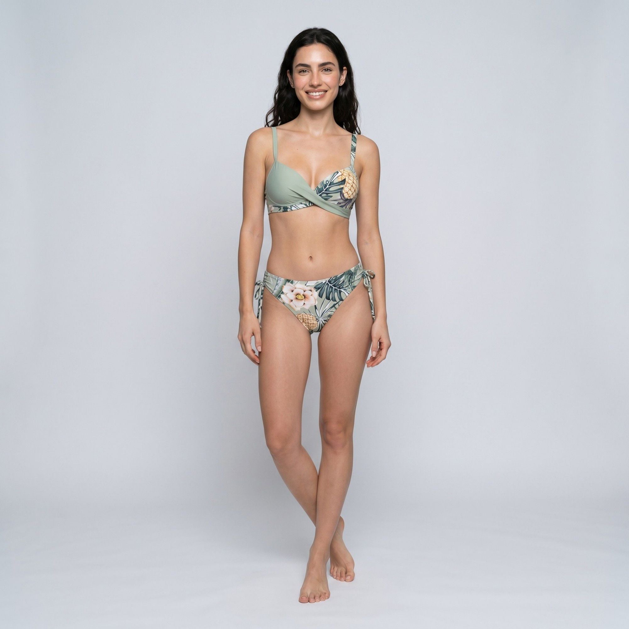 2-Piece Tropical Print Bikini Swimsuit with Wrap Front Bralette Top Side Tie Bottoms and Smooth Stretch Fit