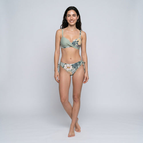2-Piece Tropical Print Bikini Swimsuit with Wrap Front Bralette Top Side Tie Bottoms and Smooth Stretch Fit