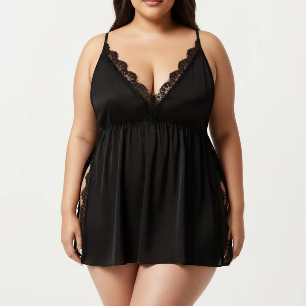 Anna-Kaci Lounge Women's Plus Size Babydoll Chemise Lace Trim Nightgown Adjustable Strap Flowy Sleep Dress
