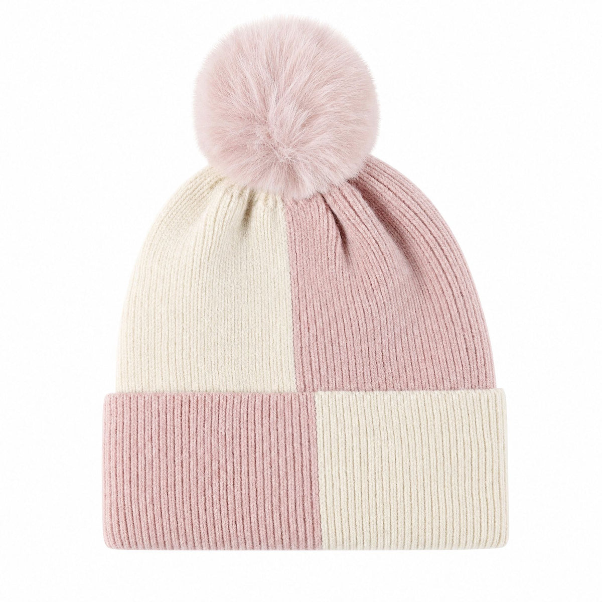 Color Block Knit Beanie Winter Hat with Pom and Plush Lining