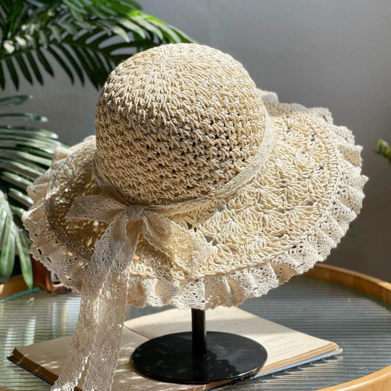 Anna-Kaci Womens Wide Brim Straw Sun Hat Lace Trim Breathable Floppy Beach Vacation Hat