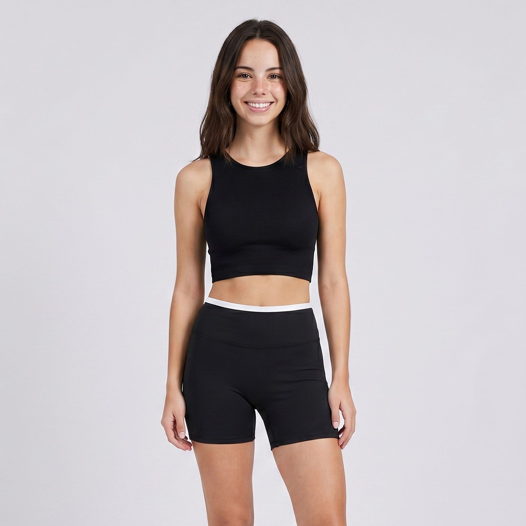High Waist Biker Shorts with Wide Waistband Mid Thigh Length Smooth Stretch Fit and Pull On Activewear Design