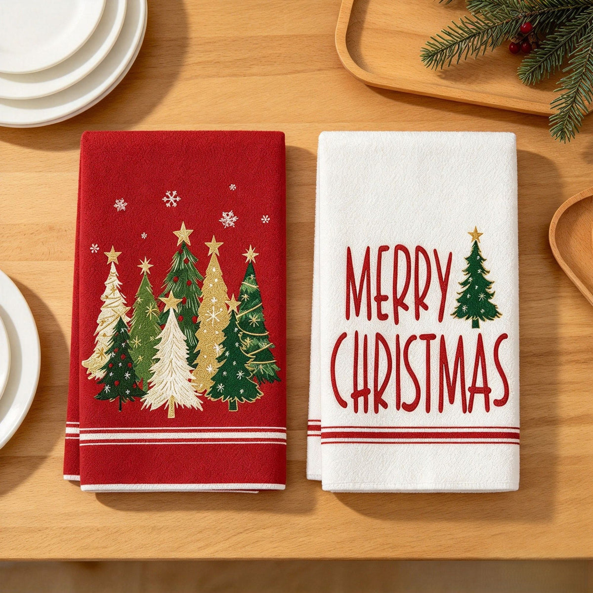 2-Pack Christmas Kitchen Towels 15.7x23.6in, Gnome & Tree Microfiber Hand Towels