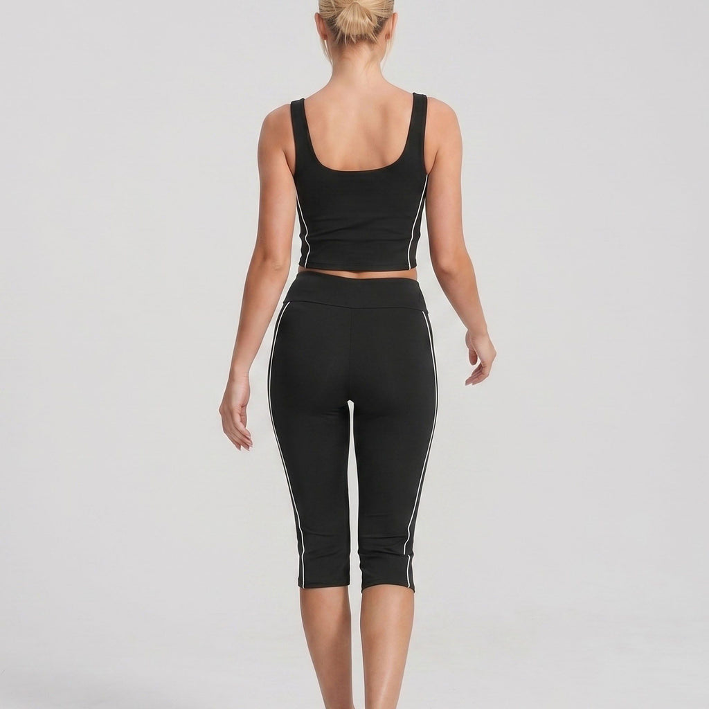 High Waist Side Stripe Capri Leggings Wide Waistband Cropped Workout Yoga Pants