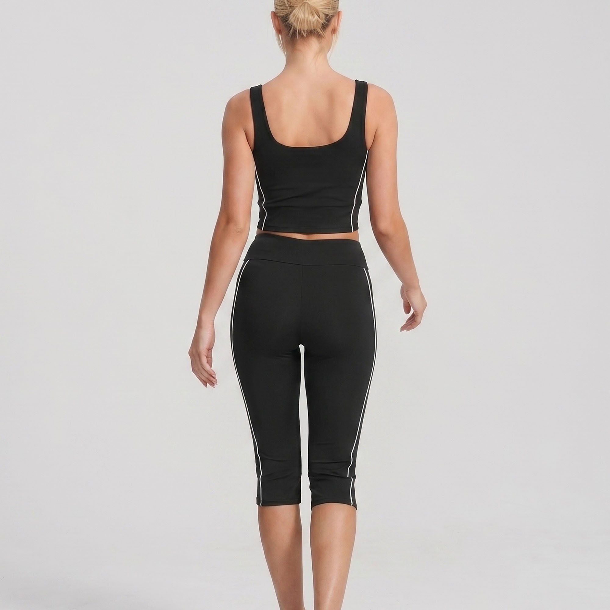 High Waist Side Stripe Capri Leggings Wide Waistband Cropped Workout Yoga Pants