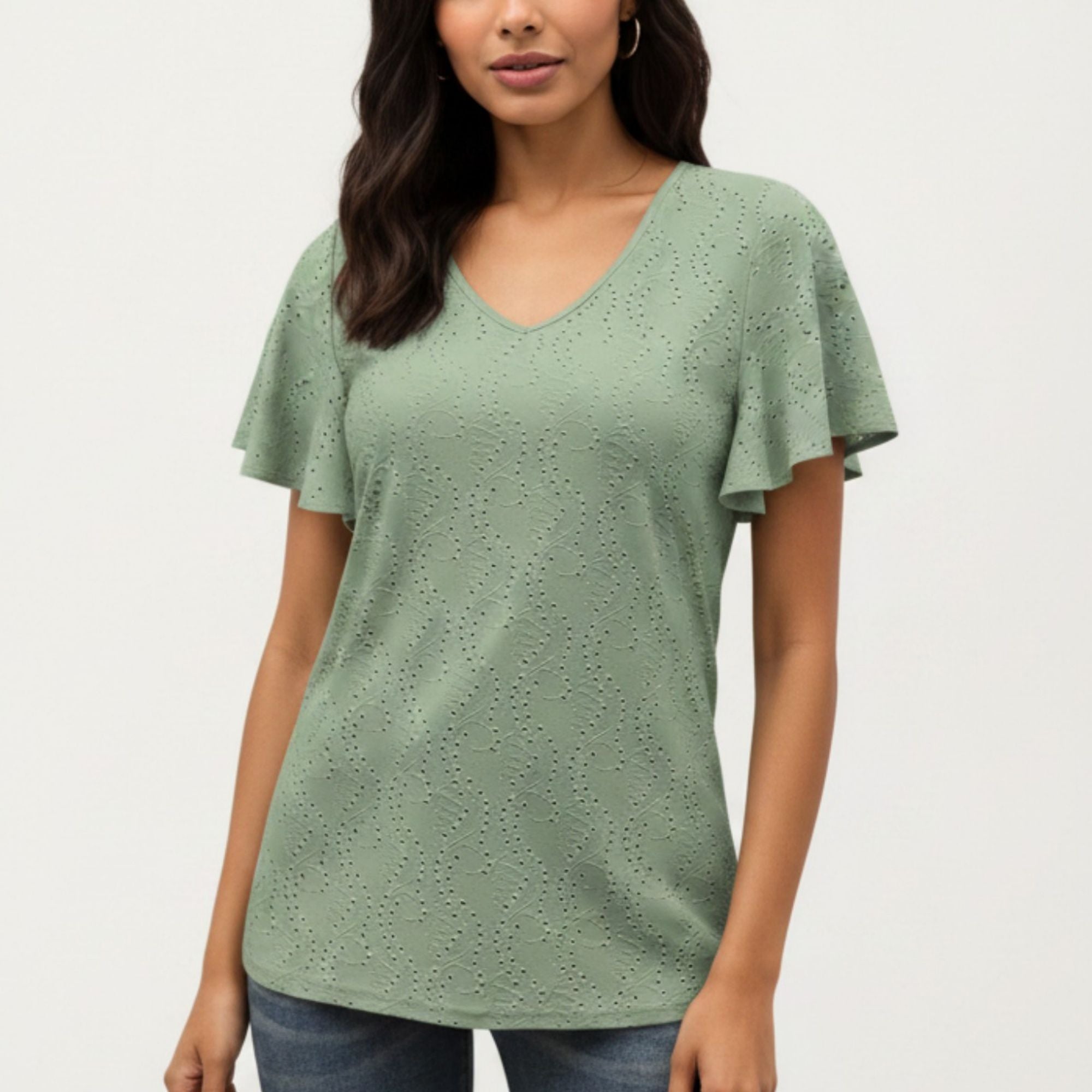 Anna-Kaci Women's Short Sleeve Eyelet V-Neck Top with Floral Embroidery and Flutter Sleeves