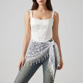 Sheer Embroidered Triangle Scarf with Floral Lace Trim and Tie Wrap Design