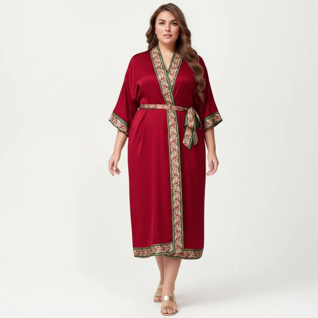 Anna-Kaci Lounge Women's Plus Size Satin Robe with Floral Trim Belted Kimono Sleeve Long Robe Sleepwear