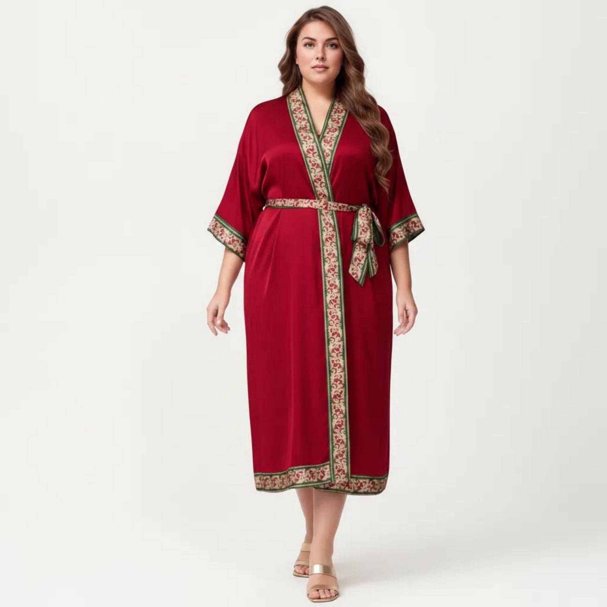 Anna-Kaci Lounge Women's Plus Size Satin Robe with Floral Trim Belted Kimono Sleeve Long Robe Sleepwear