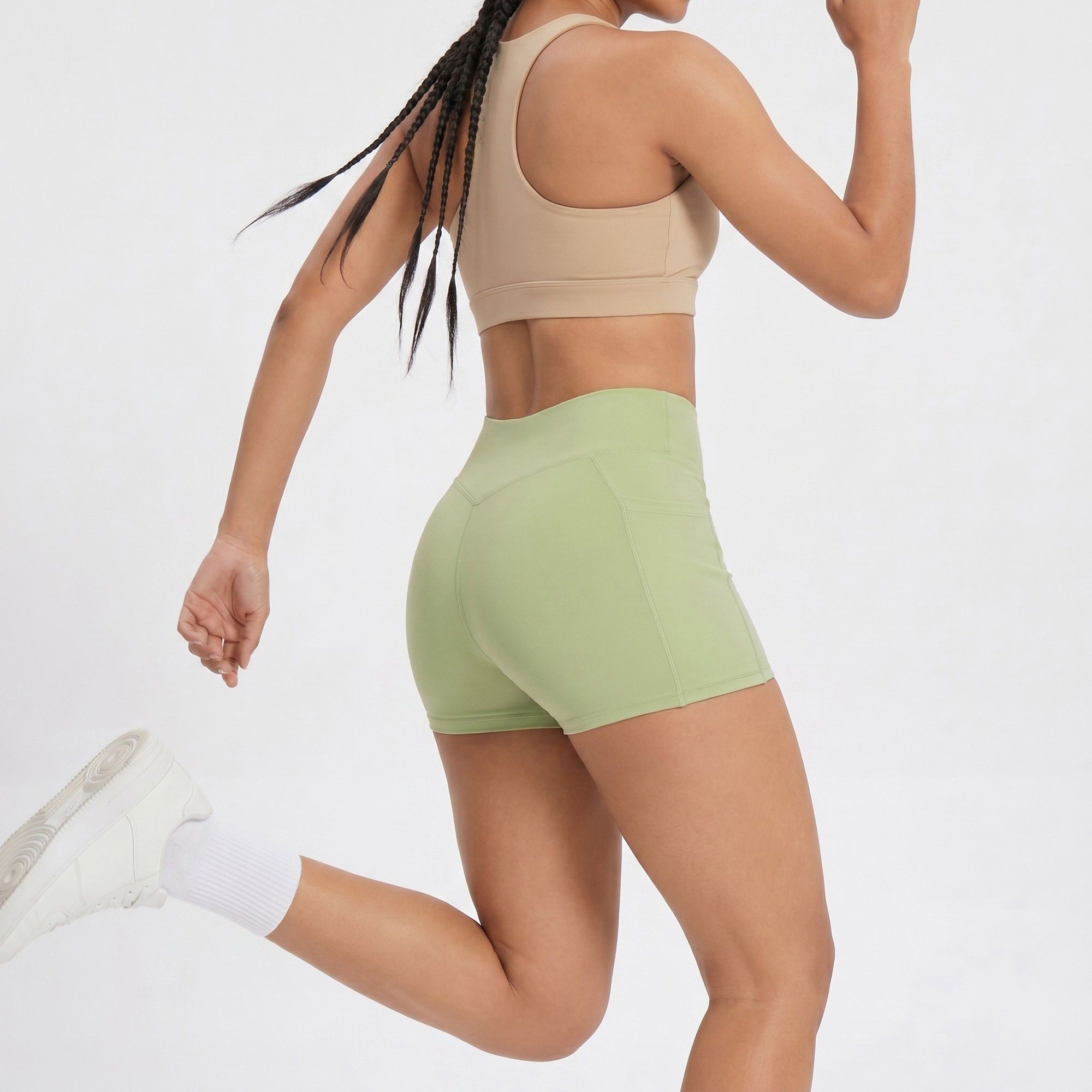 High Waist Crossover Waistband Pocket Workout Biker Shorts
