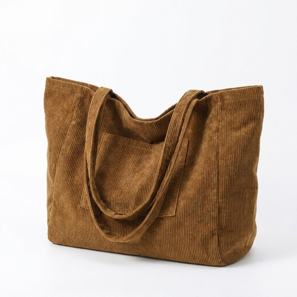 Corduroy Tote Bag Large Capacity Shoulder Bag with Front Pocket