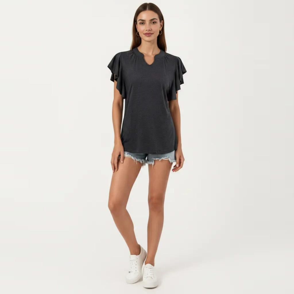 Anna-Kaci Women's Short Sleeve Top with Flutter Ruffle Sleeves and Split V Neck Relaxed Fit Casual Shirt