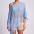 Sheer Open Knit Asymmetrical Poncho Top with One Shoulder Neckline, Draped Sleeve and Pointed Hem