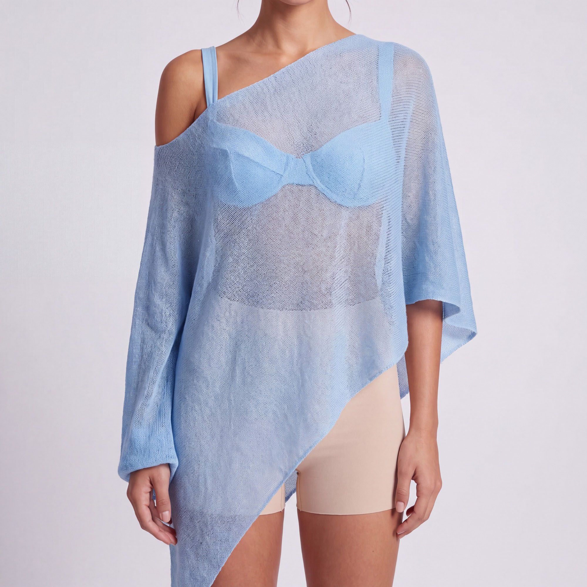 Sheer Open Knit Asymmetrical Poncho Top with One Shoulder Neckline, Draped Sleeve and Pointed Hem