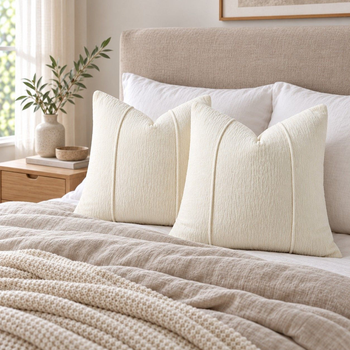 2 Pack Solid Textured Throw Pillow Covers 18 x 18 Inch with Hidden Zipper