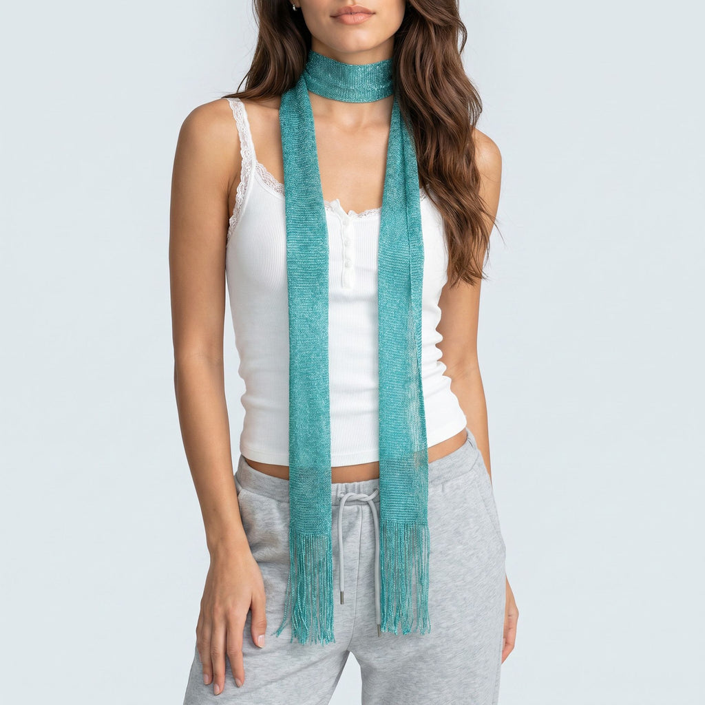 Lightweight Skinny Scarf with Metallic Sheen Fringe Trim and Long Neck Tie Design