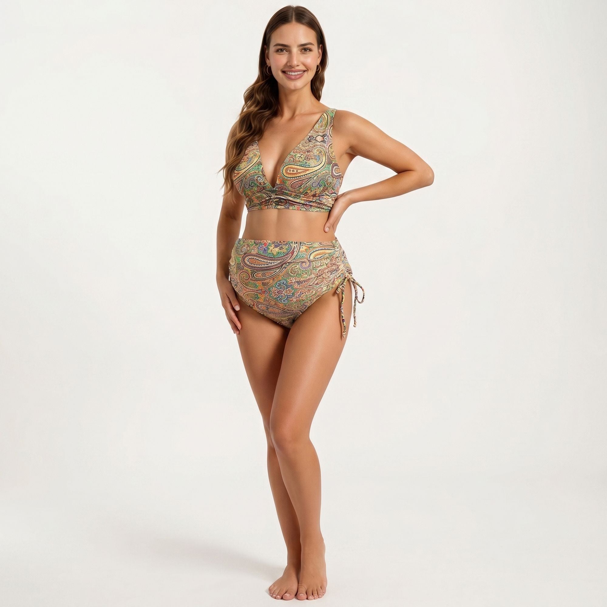 Anna-Kaci Swim Women's Paisley Print Maternity Bikini Set with Adjustable Side Ties and V-Neck Design